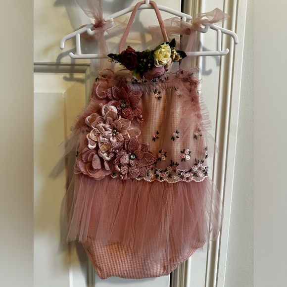 Handmade OOAK Pink Embellished Floral Tulle Baby Romper and Headband sitter size - Picture 3 of 5